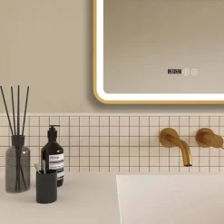 Arezzo Brushed Brass 600 X 800mm Rectangular LED Illuminated Anti-Fog Bathroom Mirror With Time Display -Bathroom Supply Shop arzim02bb d1