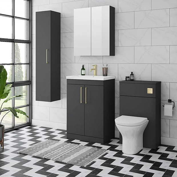 Arezzo 500 Matt Black WC Unit With Cistern, Brushed Brass Flush + Modern Pan 1 Arezzo 500 Matt Black WC Unit With Cistern, Brushed Brass Flush + Modern Pan