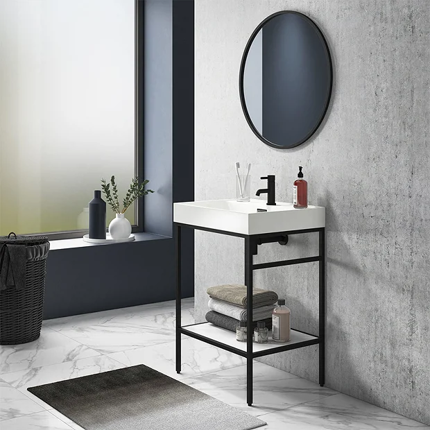 Arezzo 600 Matt Black Framed Washstand With Gloss White Open Shelf And Basin 2 Arezzo 600 Matt Black Framed Washstand With Gloss White Open Shelf And Basin - Image 2