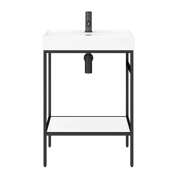 Arezzo 600 Matt Black Framed Washstand With Gloss White Open Shelf And Basin 4 Arezzo 600 Matt Black Framed Washstand With Gloss White Open Shelf And Basin - Image 4