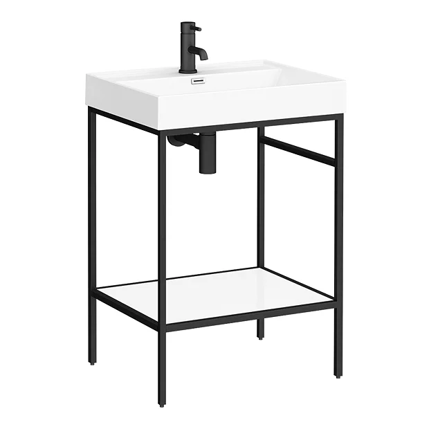 Arezzo 600 Matt Black Framed Washstand With Gloss White Open Shelf And Basin 3 Arezzo 600 Matt Black Framed Washstand With Gloss White Open Shelf And Basin - Image 3