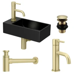 Arezzo 410 X 210 Square Wall Hung Basin With Tap Package (Matt Black - Brushed Brass) 5 Arezzo 410 X 210 Square Wall Hung Basin With Tap Package (Matt Black - Brushed Brass) -Bathroom Supply Shop az948dbpknd1