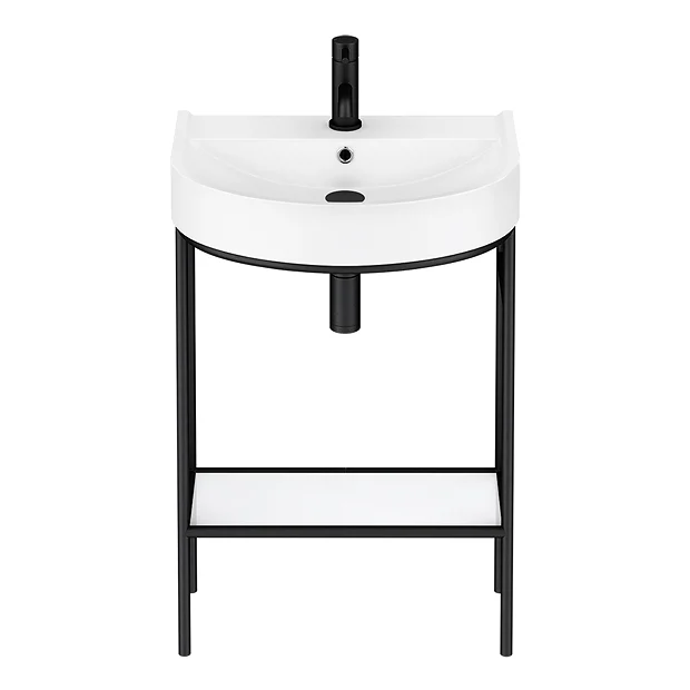 Arezzo D Shaped Curved Matt Black Washstand With Gloss White Open Shelf And Basin 3 Arezzo D Shaped Curved Matt Black Washstand With Gloss White Open Shelf And Basin - Image 3