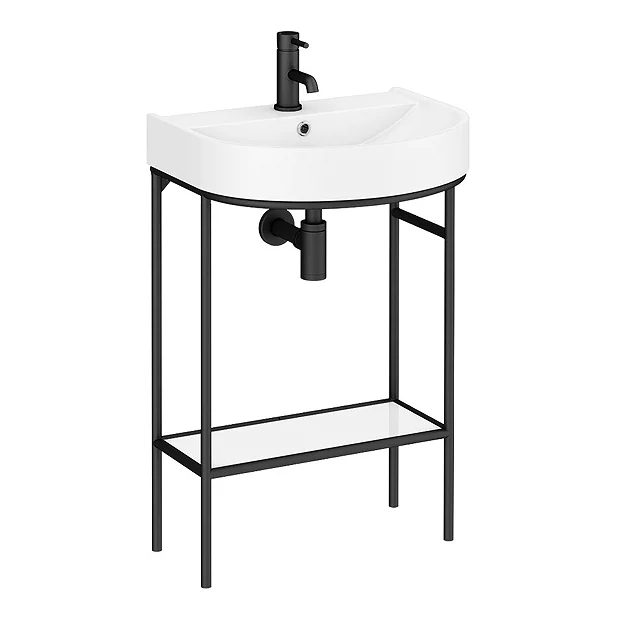 Arezzo D Shaped Curved Matt Black Washstand With Gloss White Open Shelf And Basin 4 Arezzo D Shaped Curved Matt Black Washstand With Gloss White Open Shelf And Basin - Image 4
