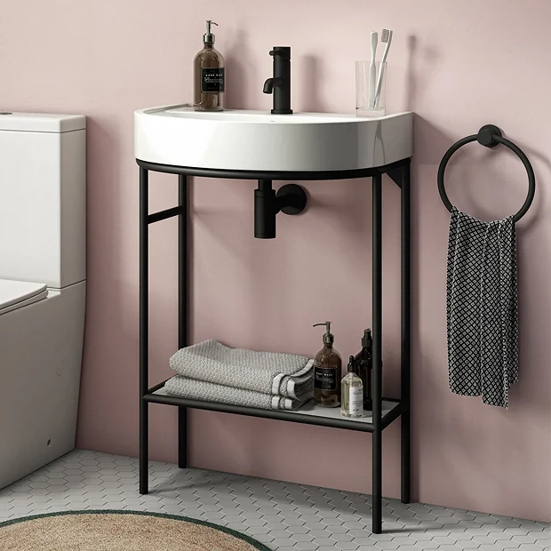 Arezzo D Shaped Curved Matt Black Washstand With Gloss White Open Shelf And Basin 2 Arezzo D Shaped Curved Matt Black Washstand With Gloss White Open Shelf And Basin - Image 2