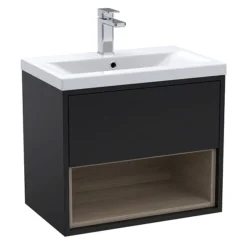 Arezzo Senza 600mm Matt Black / Vicenza Oak Wall Hung Vanity Unit With Open Shelf + Ceramic Basin -Bathroom Supply Shop azblavo6d2