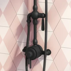 Arezzo Matt Black Dual Exposed Valve With Rigid Riser Kit, 195mm Shower Head, Handshower & Diverter -Bathroom Supply Shop azsv4mberk2 d1