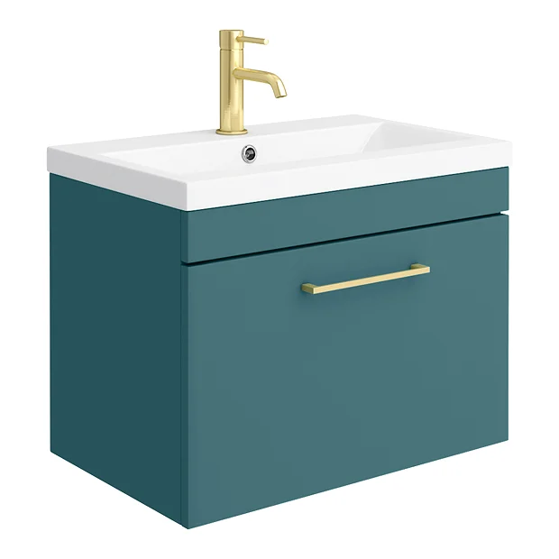 Arezzo Wall Hung Vanity Unit - Matt Green - 600mm 1-Drawer With Brushed Brass Handle 2 Arezzo Wall Hung Vanity Unit - Matt Green - 600mm 1-Drawer With Brushed Brass Handle - Image 2