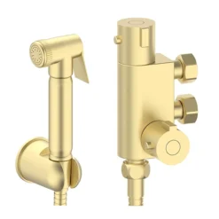 Arezzo Round Douche Thermostatic Bar Valve With Shower Spray Kit Brushed Brass -Bathroom Supply Shop dbvskbb l