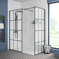 Arezzo 1950mm Matt Black Grid Wetroom Screen + Support Arm -Bathroom Supply Shop mbg d1