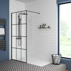 Arezzo 1950mm Matt Black Grid Wetroom Screen + Support Arm -Bathroom Supply Shop mbg d2