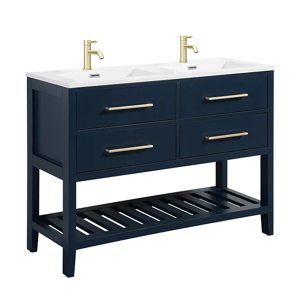 Montrose 1200mm Indigo Blue Double Basin Vanity Unit With Brushed Brass Handles And Slatted Shelf 2 Montrose 1200mm Indigo Blue Double Basin Vanity Unit With Brushed Brass Handles And Slatted Shelf - Image 2