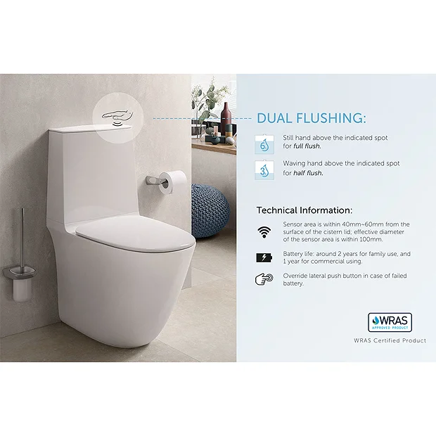RAK Sensation Touchless Flush Rimless BTW Close Coupled Toilet + Soft-Close Seat 1 RAK Sensation Touchless Flush Rimless BTW Close Coupled Toilet + Soft-Close Seat