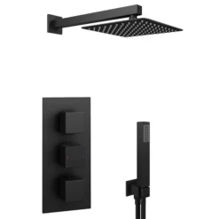 Arezzo Matt Black Square Triple Thermostatic Shower Pack With Head + Handset -Bathroom Supply Shop sq3blkpk nw d2